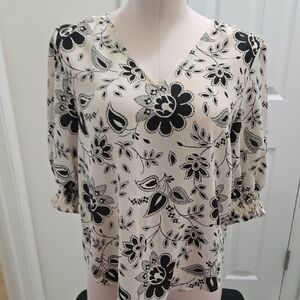 Ann Taylor Factory Black and Cream Floral Blouse